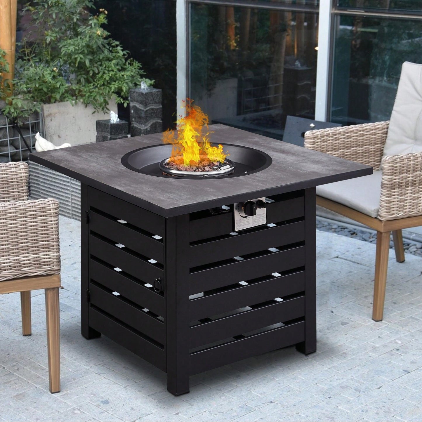 MONDAWE Fire Pit Table, 32-Inch Square 50,000 BTU Auto-Ignition Propane Gas Firepit With Waterproof Cover