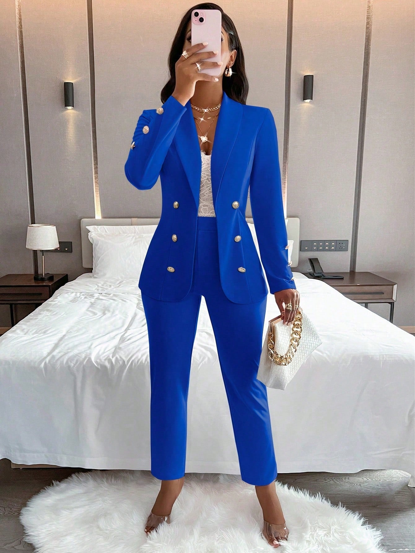 Women's Elegant Double-Breasted Metal Buttoned Suit Jacket And Pants Two-Piece Set With Stand Collar, Spring/Autumn