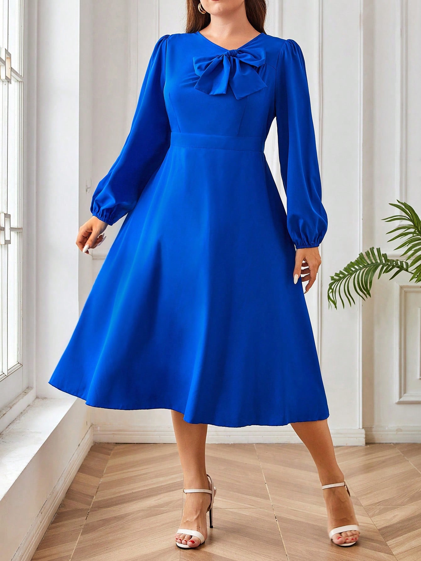 Plus Size Women Solid Color Bowknot Accent Lantern Sleeve Elegant Dress For Spring/Summer