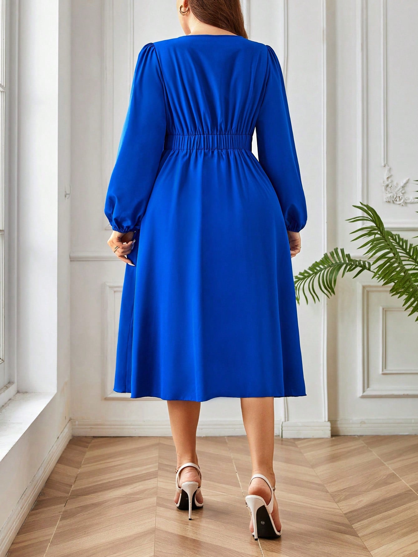 Plus Size Women Solid Color Bowknot Accent Lantern Sleeve Elegant Dress For Spring/Summer