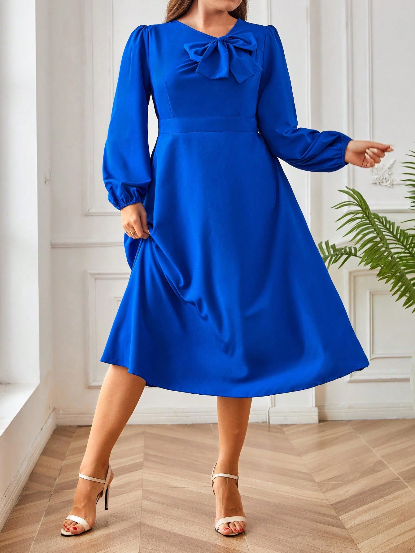 Plus Size Women Solid Color Bowknot Accent Lantern Sleeve Elegant Dress For Spring/Summer