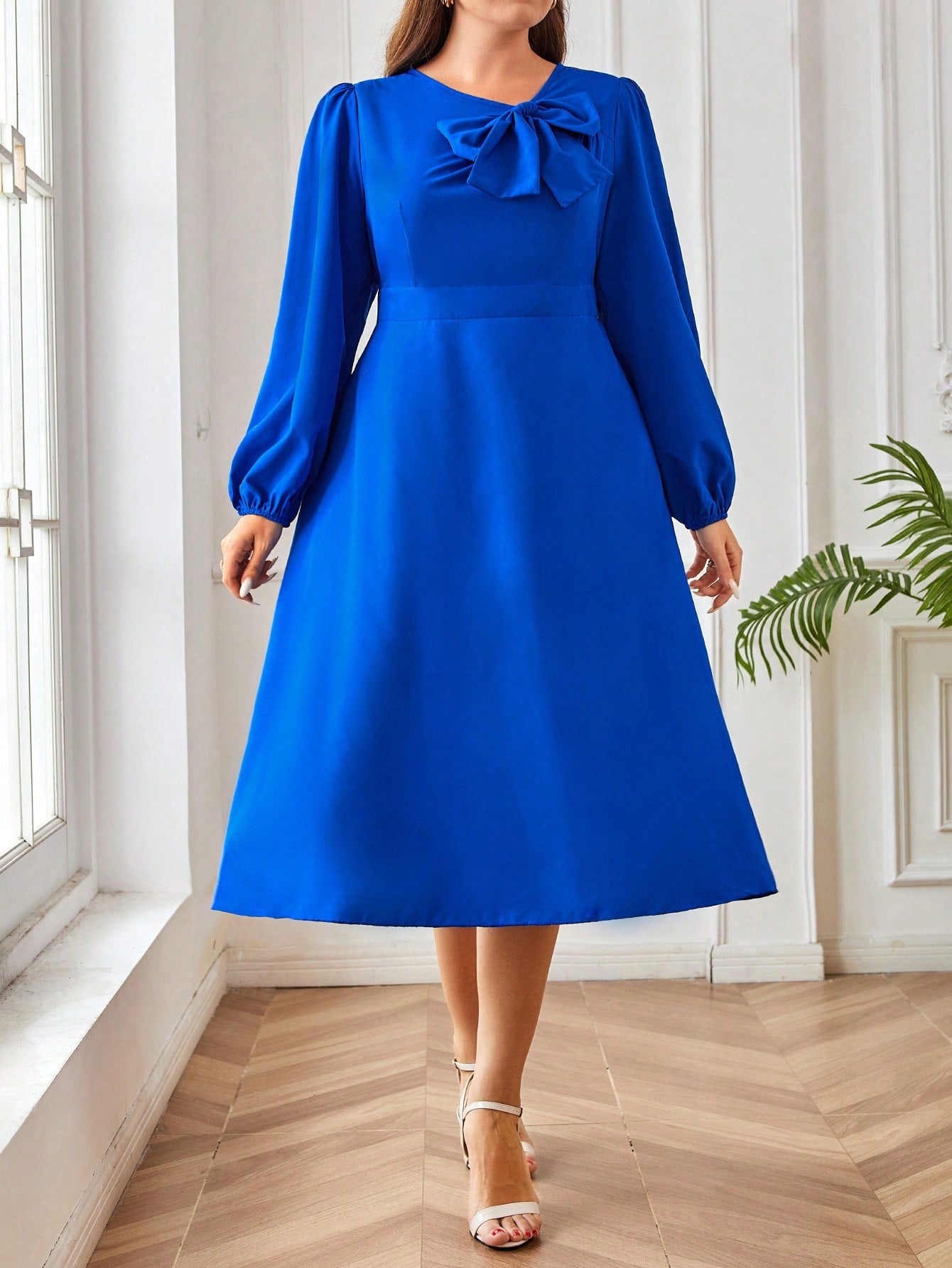 Plus Size Women Solid Color Bowknot Accent Lantern Sleeve Elegant Dress For Spring/Summer