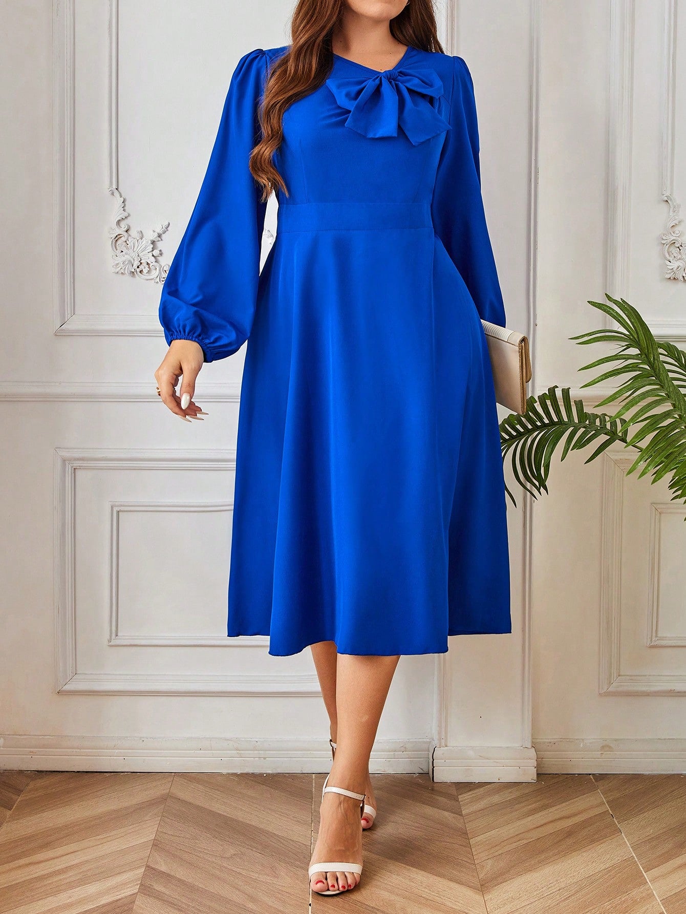 Plus Size Women Solid Color Bowknot Accent Lantern Sleeve Elegant Dress For Spring/Summer