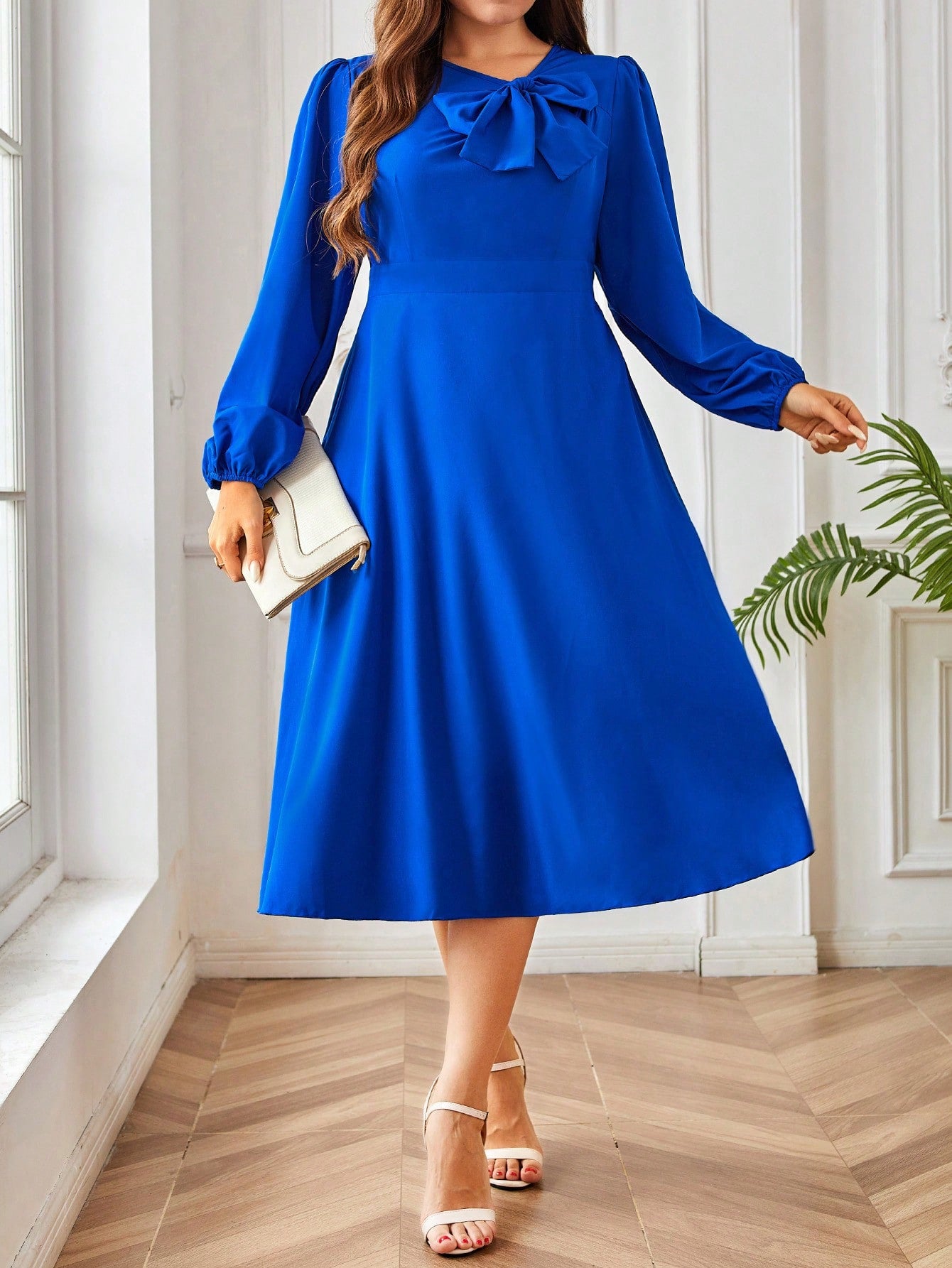 Plus Size Women Solid Color Bowknot Accent Lantern Sleeve Elegant Dress For Spring/Summer