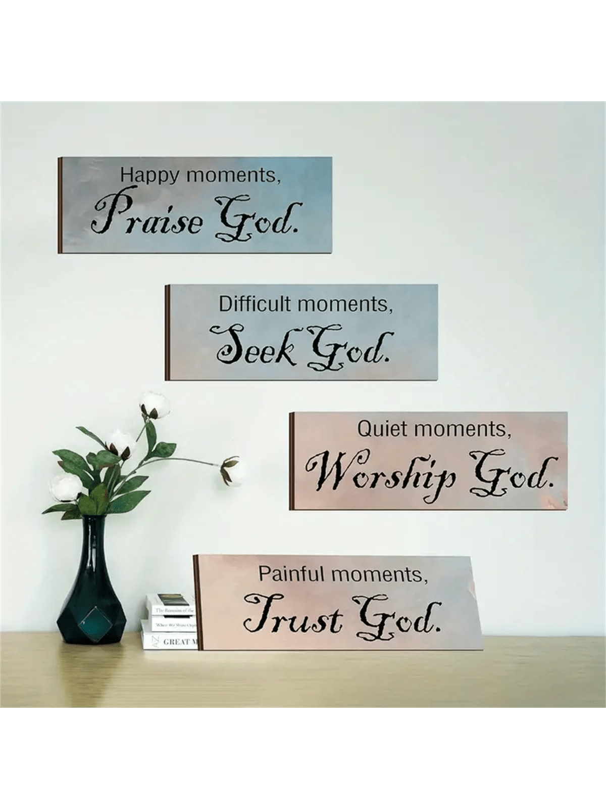 4pcs Christian Wall Art Easter Bible Verse Inspirational Thoughts And Prayers Wall Decor Bathroom Decor Wooden Sign Scripture For Home Bathroom Living Room (With Double Sided Tape) 10*4inch/25*10cm