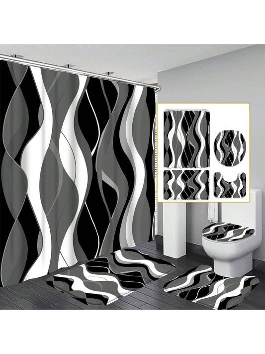 1pc/4pcs Modern Art Shower Curtain Set, Abstract Art Bathroom Decor Set, Twist Lines & Layered Stripes Waterproof Shower Curtain, Bath Mat, Toilet Lid Cover, Anti-Slip U-Shaped Mat, Bathroom Waterproof Divider Curtain, Home Decor Accessories, Comes With