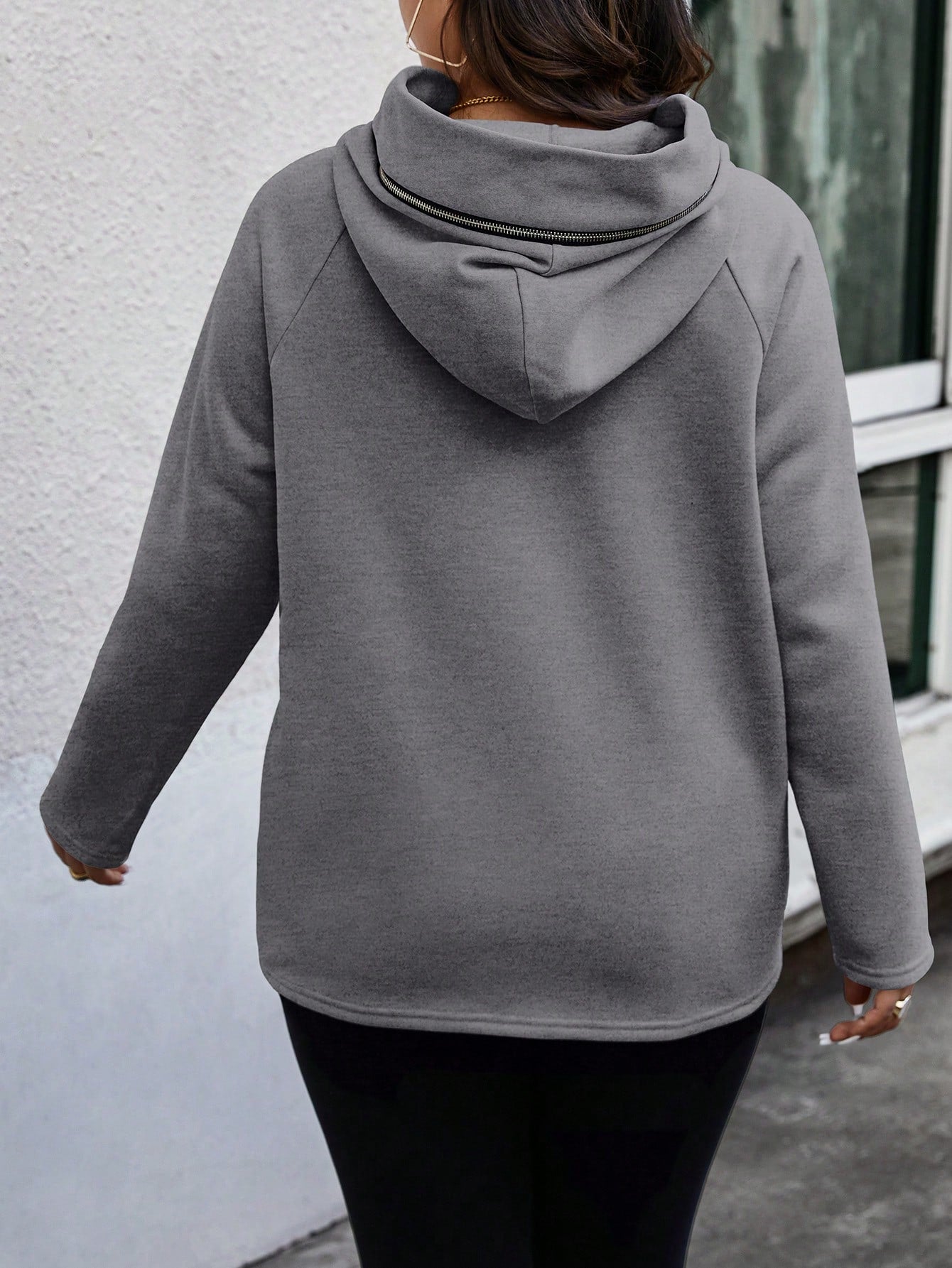 Essnce Plus Size Women's Solid Color Raglan Sleeve Long Sleeve Casual Loose Hooded Sweatshirt, Autumn Winter