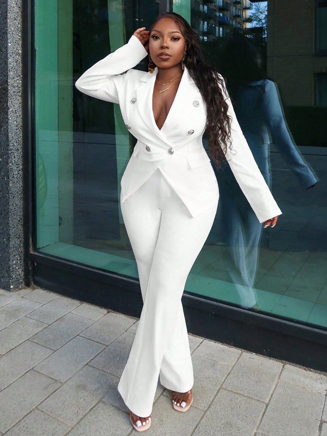 Slayr Elegant White Metal Buttoned Blazer & Trouser 2pcs Suit Set ,All White Outfit Curve