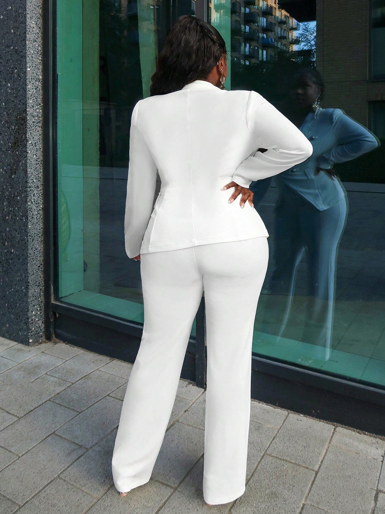 Slayr Elegant White Metal Buttoned Blazer & Trouser 2pcs Suit Set ,All White Outfit Curve