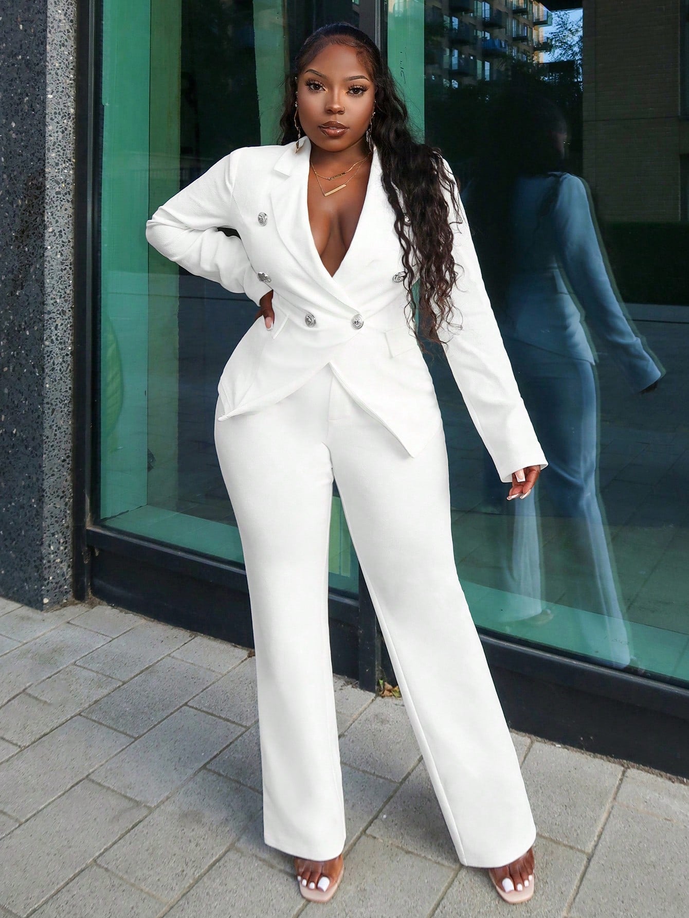 Slayr Elegant White Metal Buttoned Blazer & Trouser 2pcs Suit Set ,All White Outfit Curve