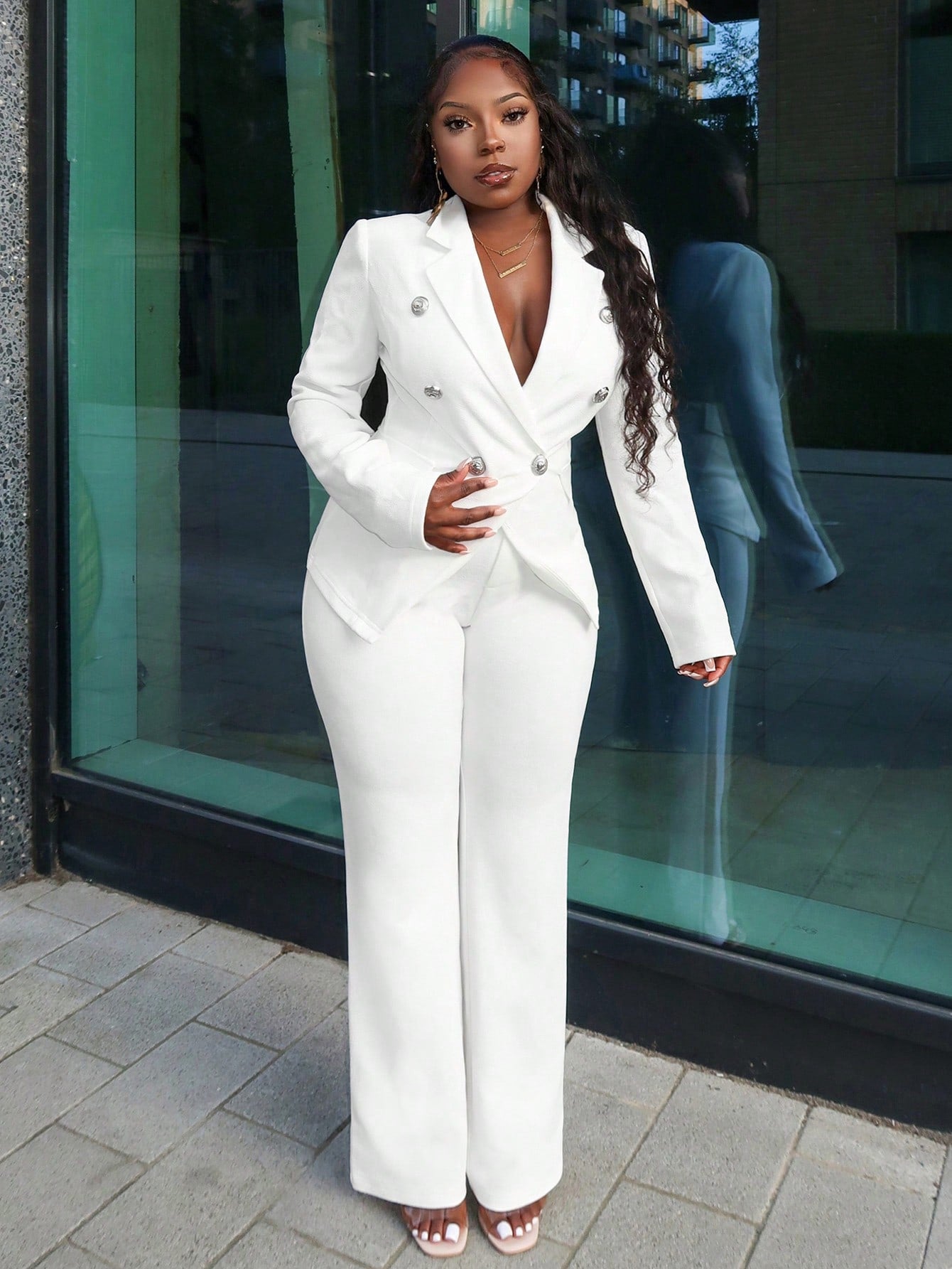 Slayr Elegant White Metal Buttoned Blazer & Trouser 2pcs Suit Set ,All White Outfit Curve