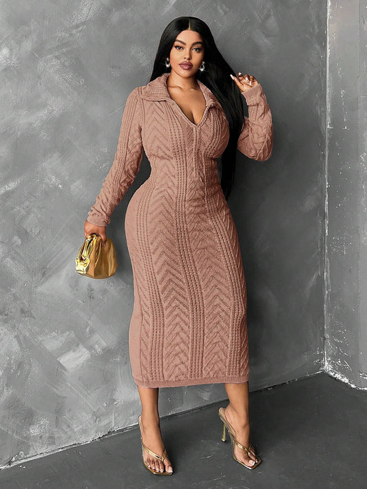 Slayr Plus Size Solid Color Elegant Long Sleeve Dress, For Winter