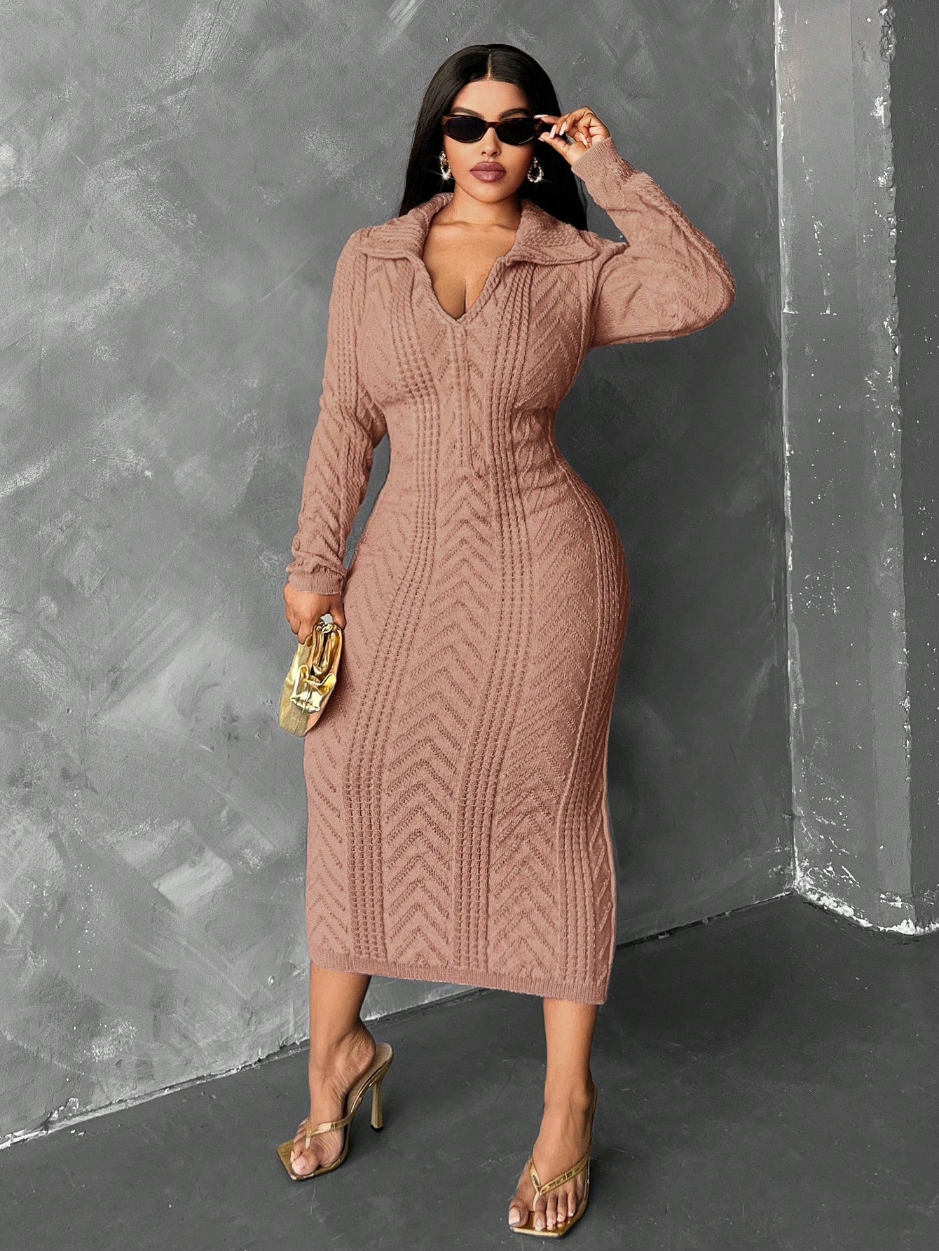 Slayr Plus Size Solid Color Elegant Long Sleeve Dress, For Winter