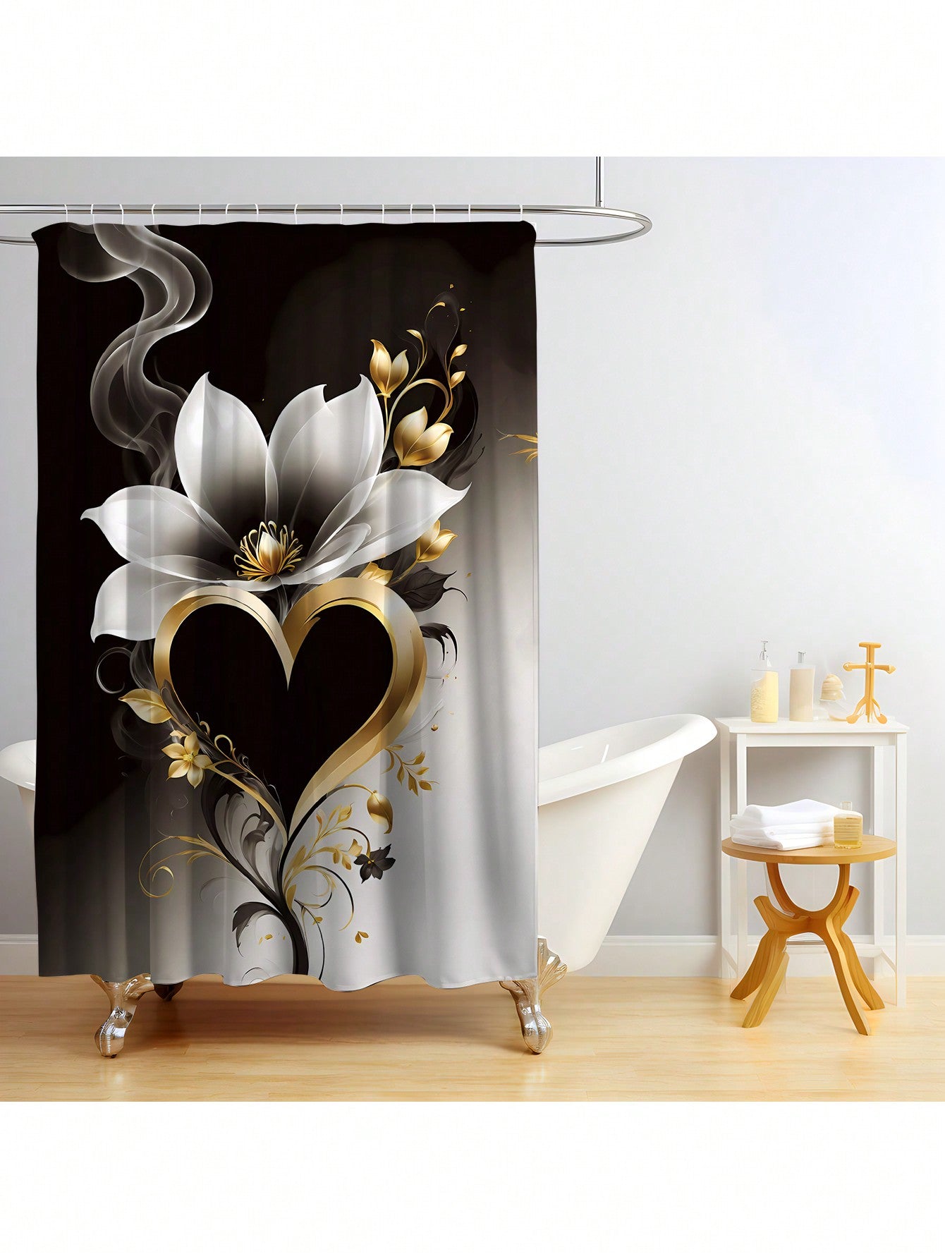 1pc/4pcs Floral Heart Shaped Shower Curtain Set, Includes 12 Hooks Shower Curtain, Non-Slip Bathroom Mat, U-Shaped Toilet Lid Cover, Toilet Mat, Bathroom Decor Accessories