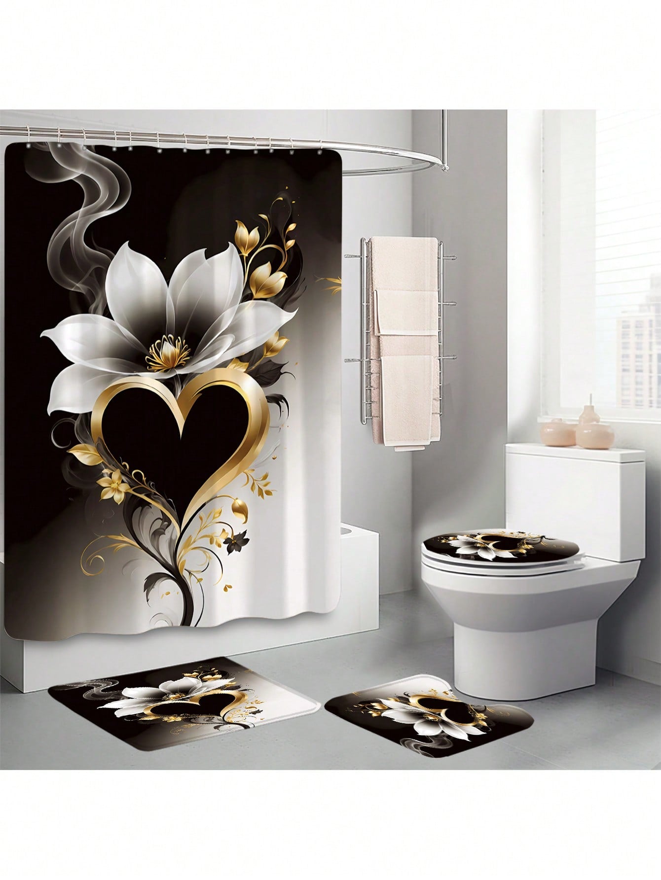 1pc/4pcs Floral Heart Shaped Shower Curtain Set, Includes 12 Hooks Shower Curtain, Non-Slip Bathroom Mat, U-Shaped Toilet Lid Cover, Toilet Mat, Bathroom Decor Accessories