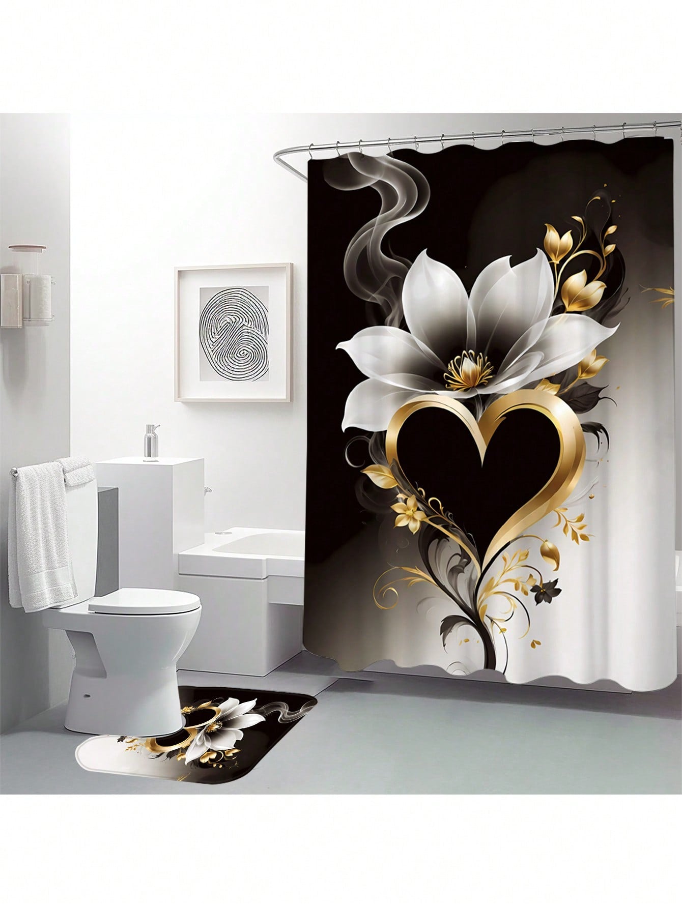 1pc/4pcs Floral Heart Shaped Shower Curtain Set, Includes 12 Hooks Shower Curtain, Non-Slip Bathroom Mat, U-Shaped Toilet Lid Cover, Toilet Mat, Bathroom Decor Accessories