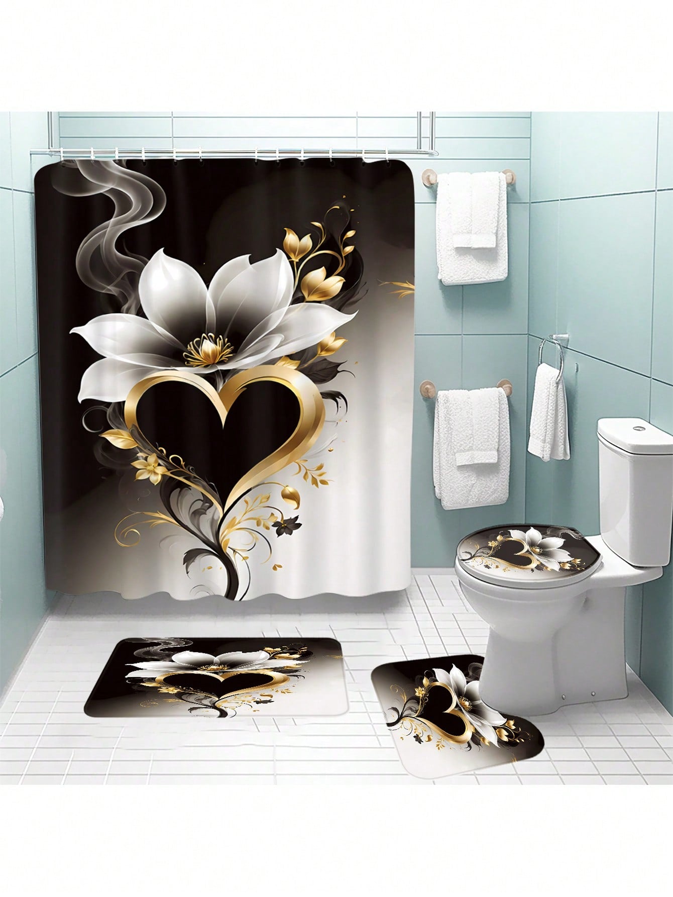 1pc/4pcs Floral Heart Shaped Shower Curtain Set, Includes 12 Hooks Shower Curtain, Non-Slip Bathroom Mat, U-Shaped Toilet Lid Cover, Toilet Mat, Bathroom Decor Accessories