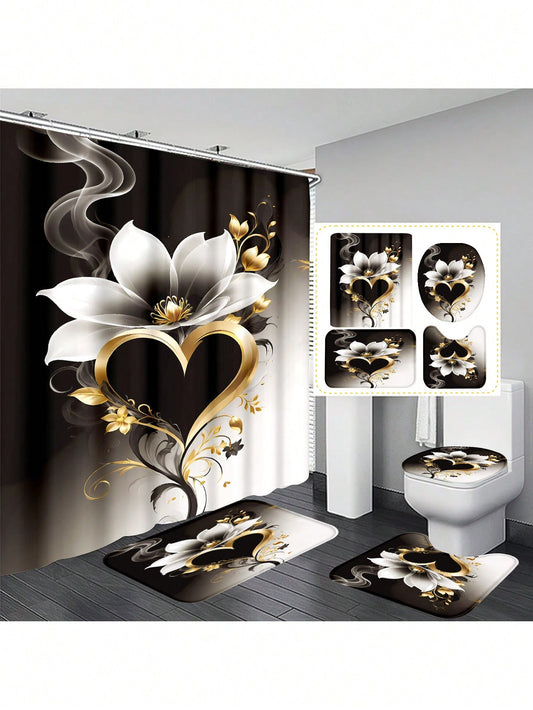 1pc/4pcs Floral Heart Shaped Shower Curtain Set, Includes 12 Hooks Shower Curtain, Non-Slip Bathroom Mat, U-Shaped Toilet Lid Cover, Toilet Mat, Bathroom Decor Accessories