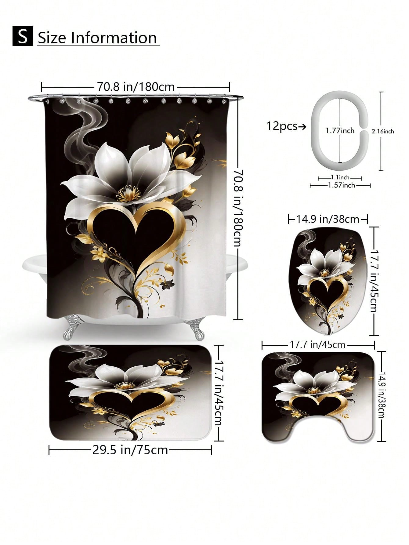 1pc/4pcs Floral Heart Shaped Shower Curtain Set, Includes 12 Hooks Shower Curtain, Non-Slip Bathroom Mat, U-Shaped Toilet Lid Cover, Toilet Mat, Bathroom Decor Accessories