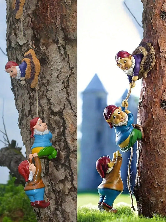 3pcs/Set Climbing Dwarf Hugger Statues, Miniature Climber Figurine Decor, Whimsical Tree Hugger Old Men, Embracing Tree Garden Decor