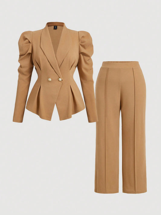 MOD Plus Size 2pcs/Set Brown Retro Blazer & Straight Leg Pants Suit