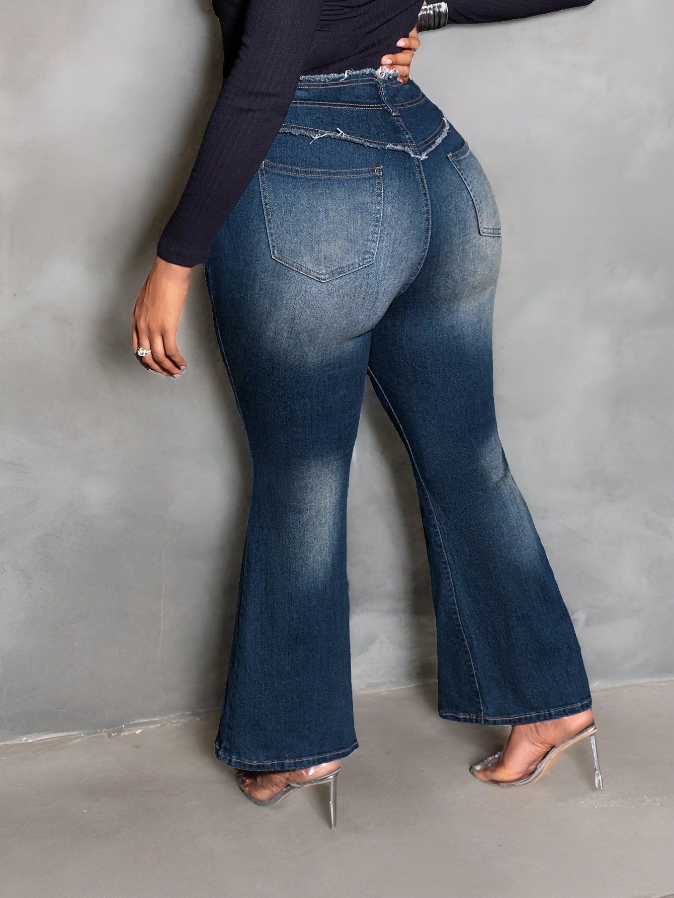 SXY Plus Size Sexy Skinny Flared Jeans With Frayed Waistband, Blue