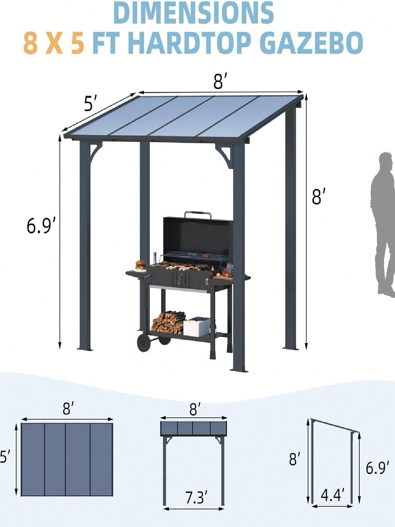 YODOLLA 8' X 5' Gazebo Outdoor Pergola For Patio, Lean To Hard Top Grill Gazebo Shelter Pergolas And Gazebos Clearance With Roof, Small Wall-Mounted Heavy Duty Awnings For Patio, Decks, Backyard