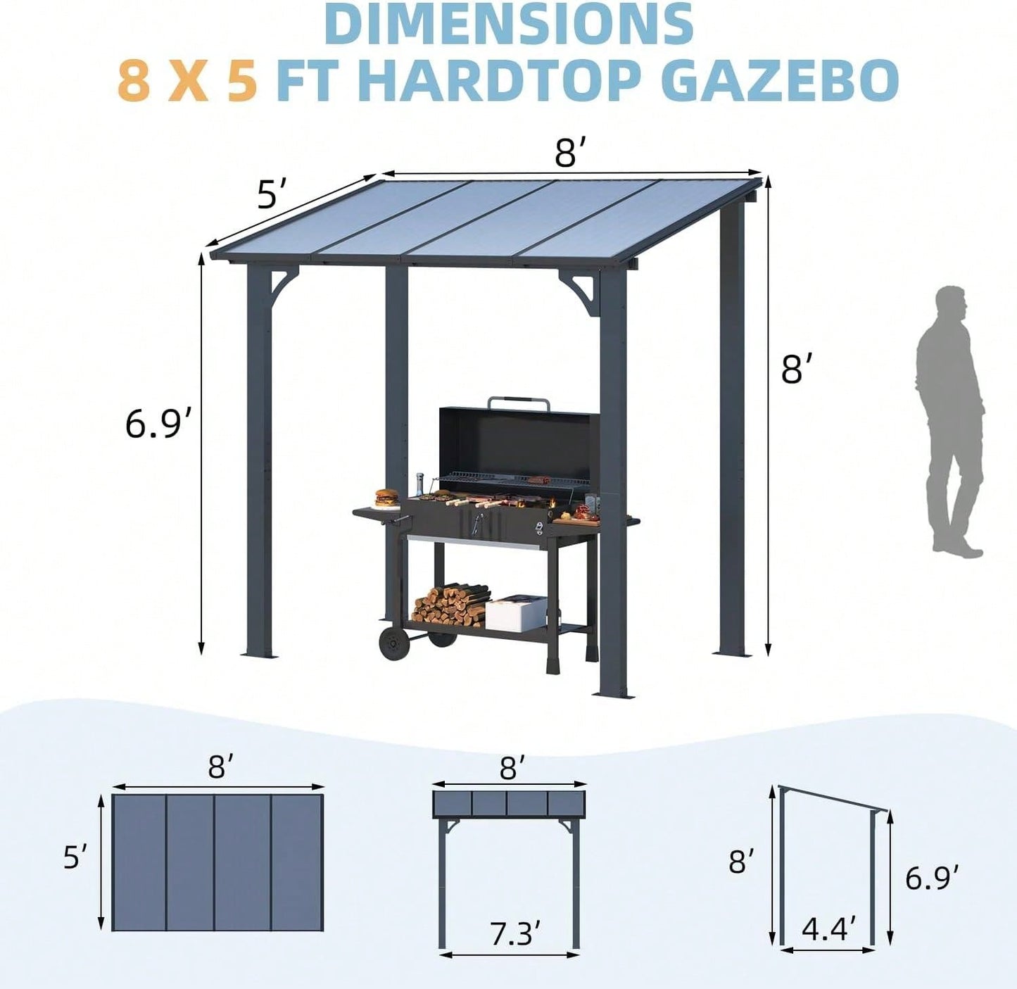 YODOLLA 8' X 5' Gazebo Outdoor Pergola For Patio, Lean To Hard Top Grill Gazebo Shelter Pergolas And Gazebos Clearance With Roof, Small Wall-Mounted Heavy Duty Awnings For Patio, Decks, Backyard