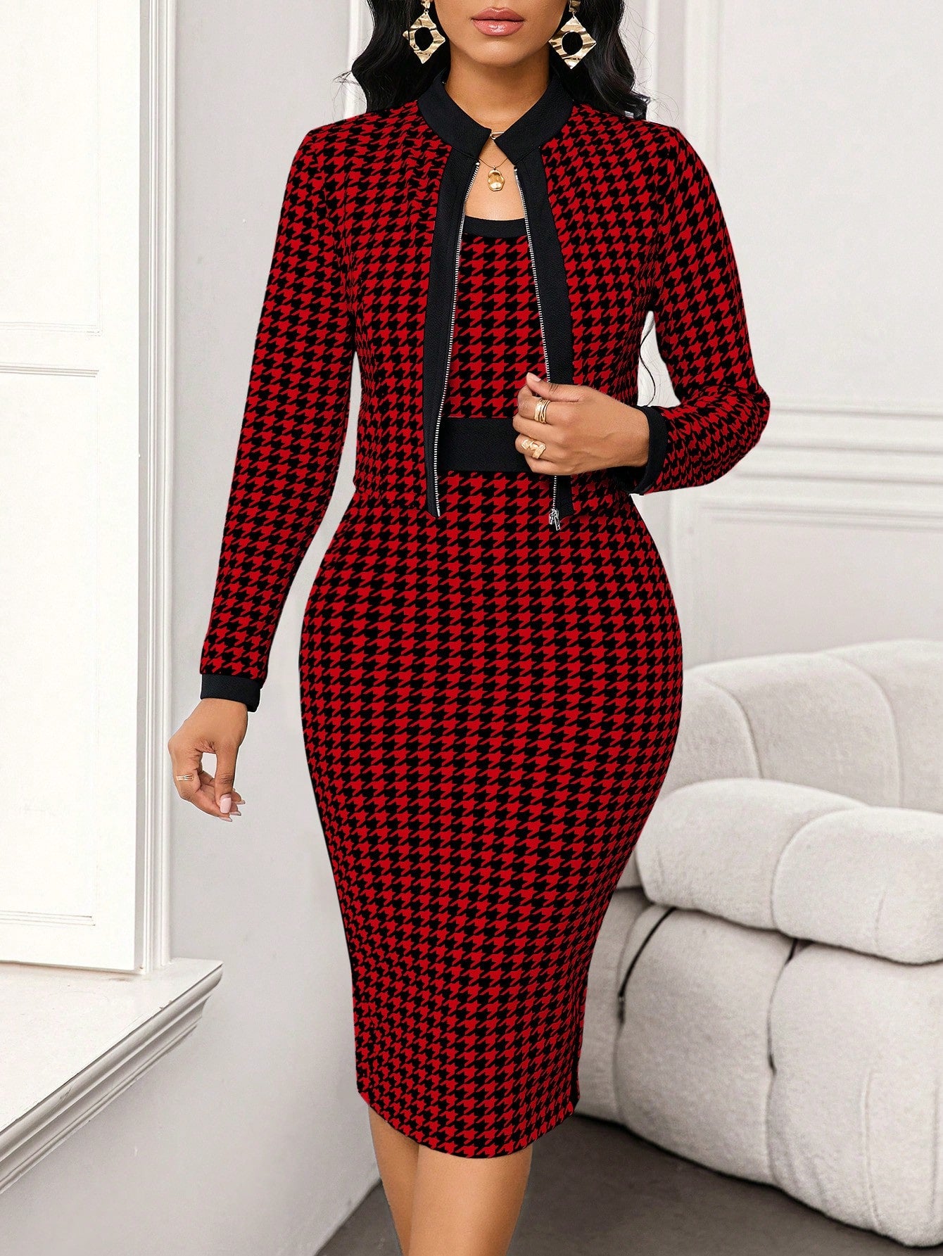 Lady 2pcs Checkered Pattern Cropped Jacket And Bodycon Dress Set For Ladies, Office/Party Wear