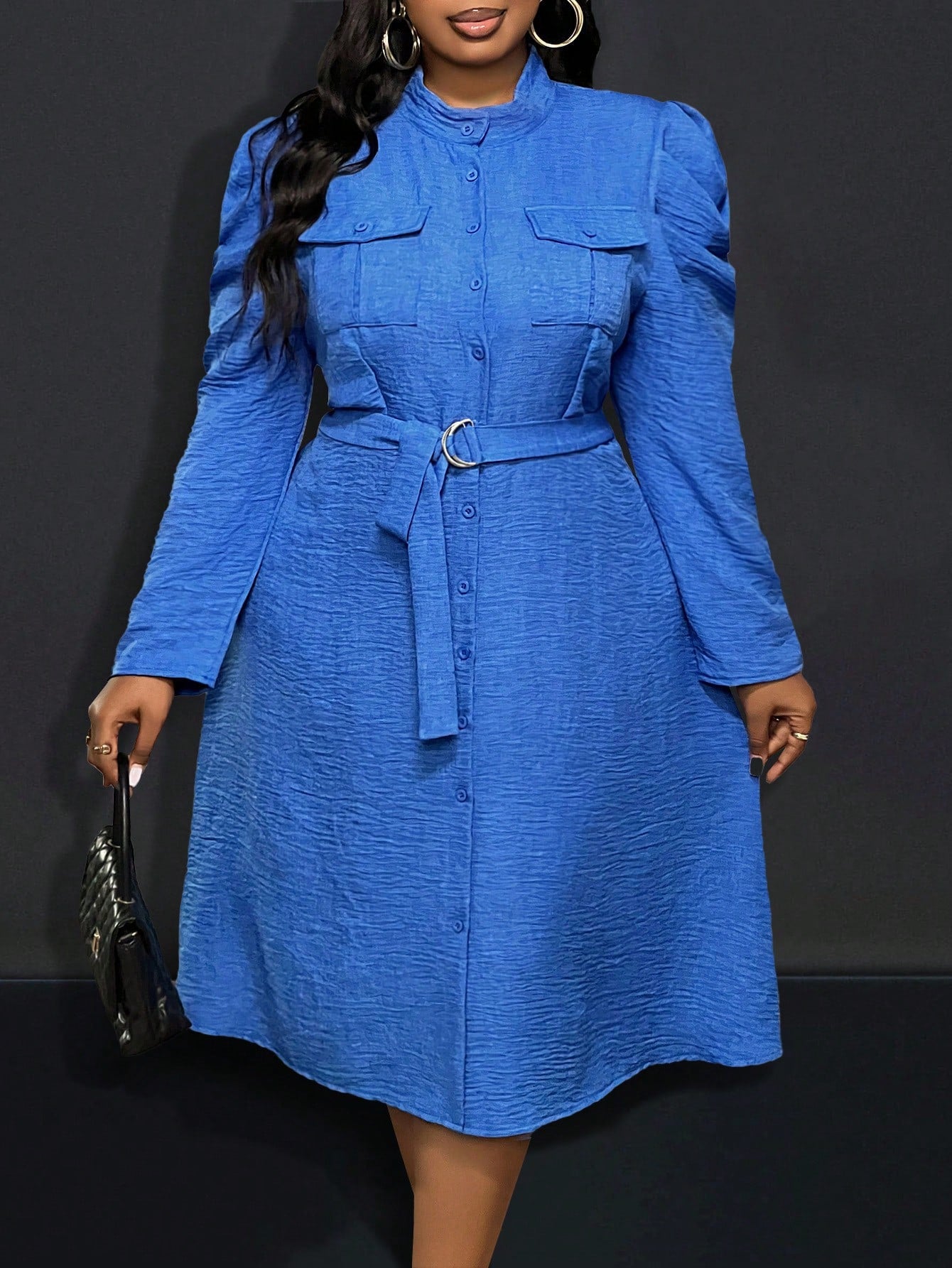 Slayr Plus Size Casual Commuting Collarless Puff Sleeves Long Sleeve Empire Waisted A-Line Midi Dress In Blue, Autumn