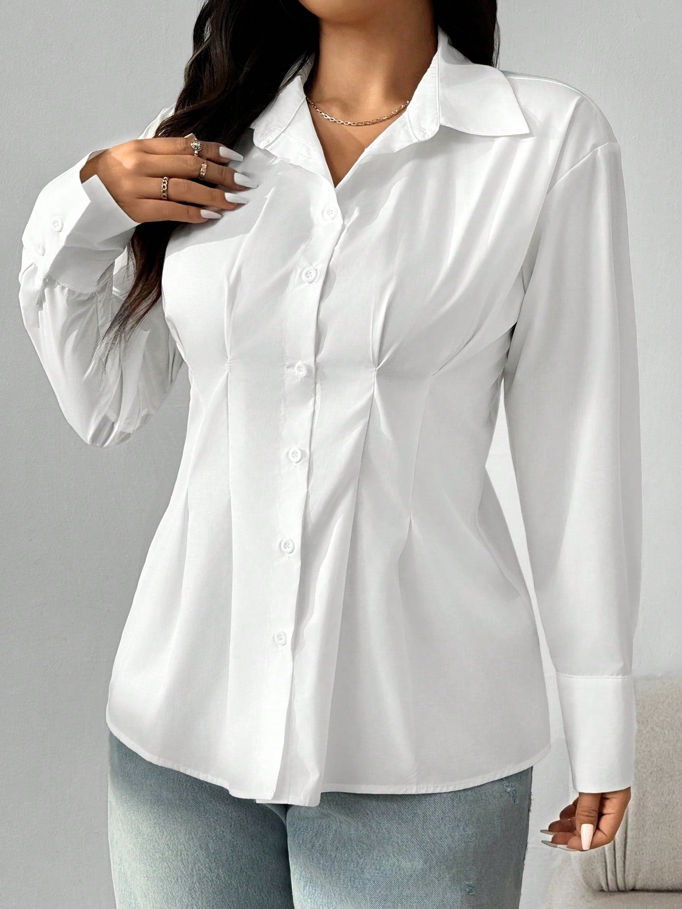 EZwear Plus Size Solid Color Front Button Long Sleeve Casual Shirt