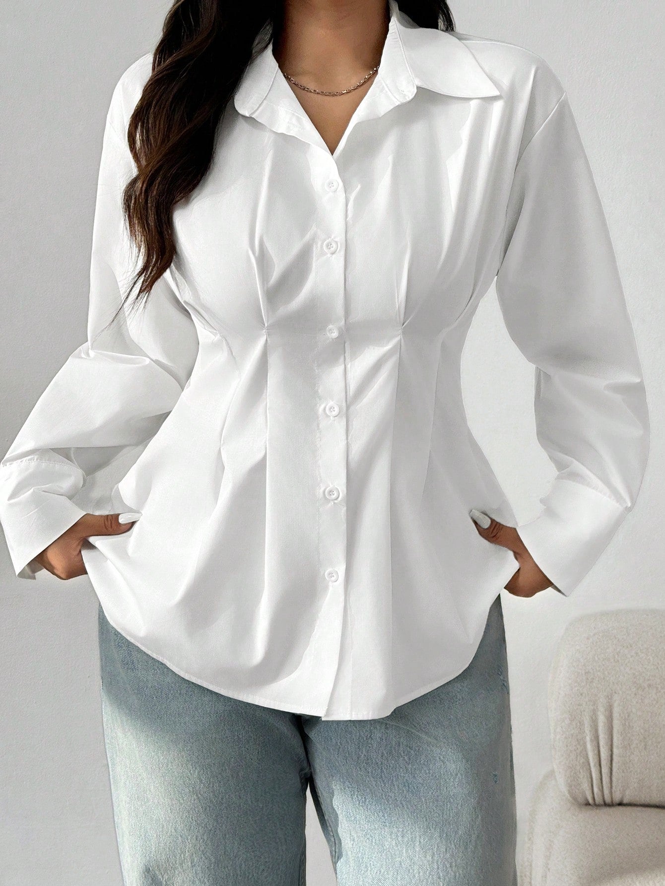 EZwear Plus Size Solid Color Front Button Long Sleeve Casual Shirt