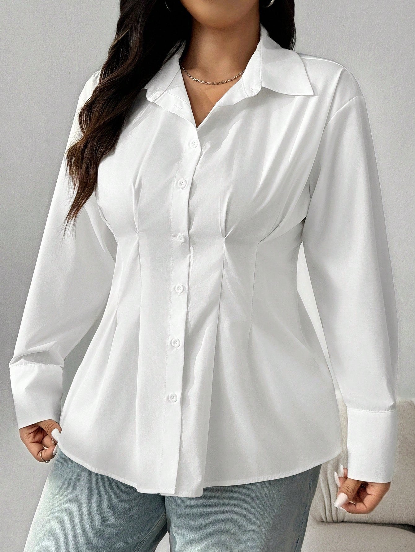 EZwear Plus Size Solid Color Front Button Long Sleeve Casual Shirt