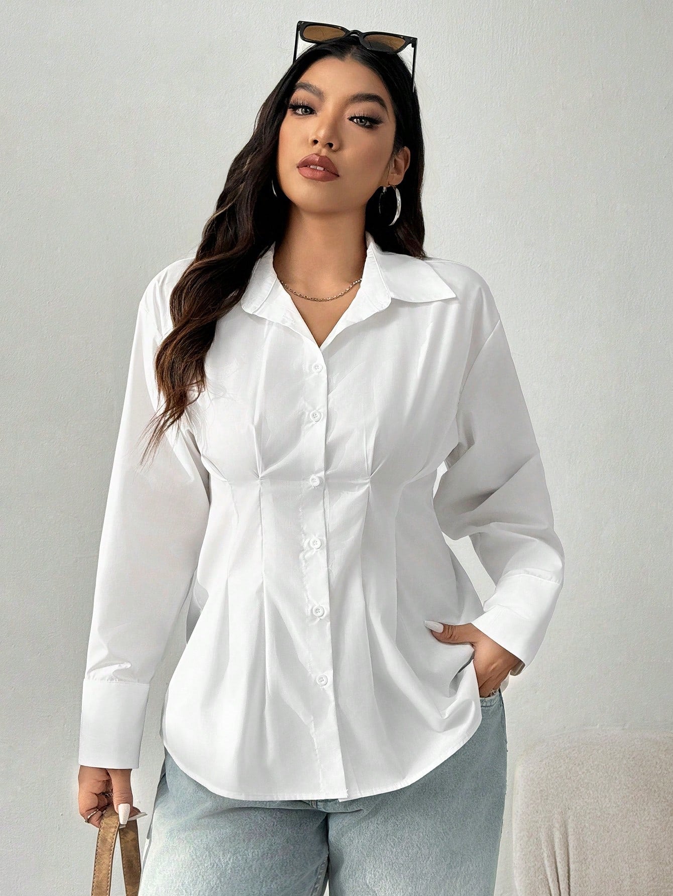 EZwear Plus Size Solid Color Front Button Long Sleeve Casual Shirt