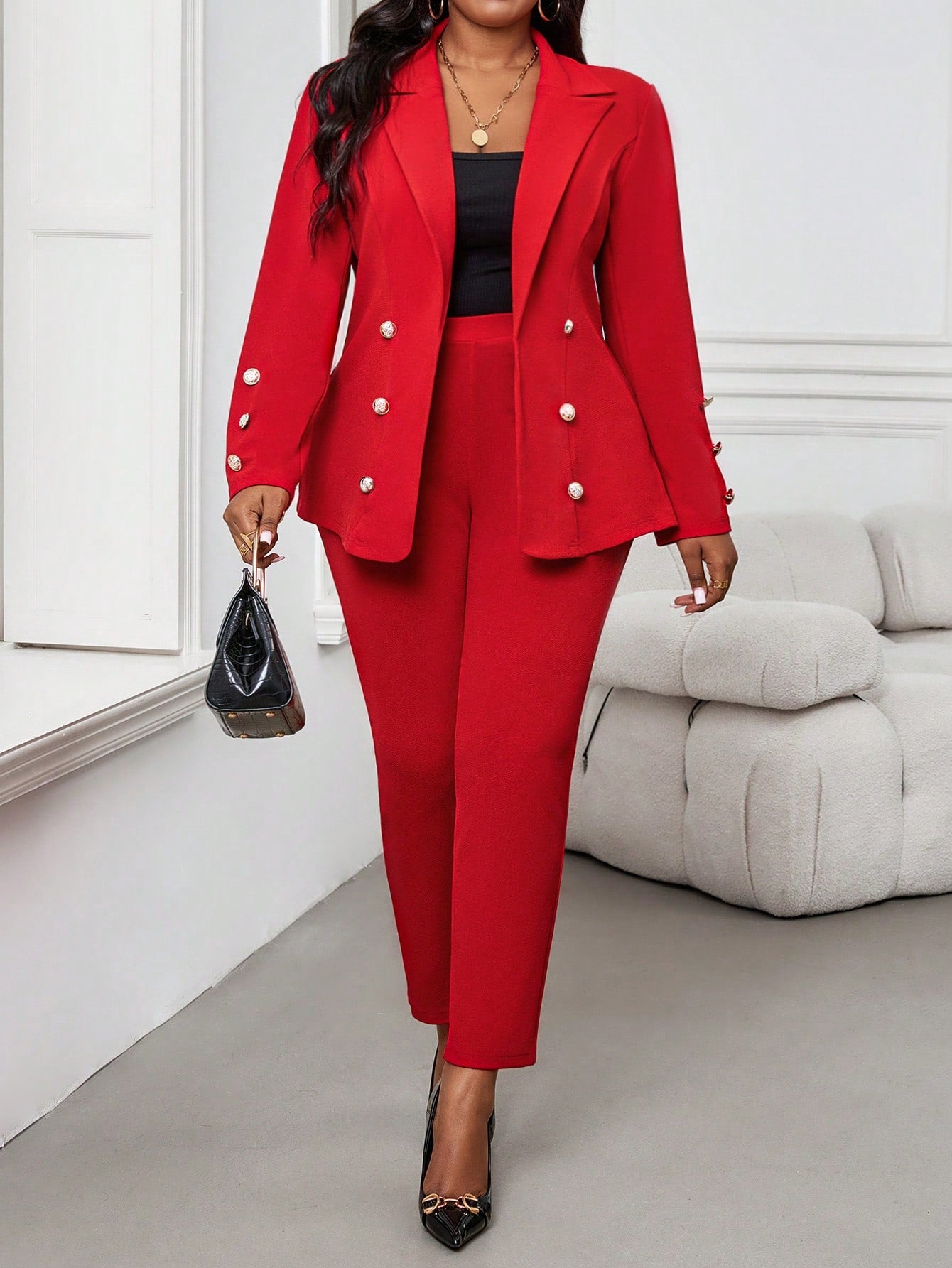 Lady Autumn And Winter Elegant Red Knitted Lapel Button Long Sleeve Plus Size Faux Fur Coats