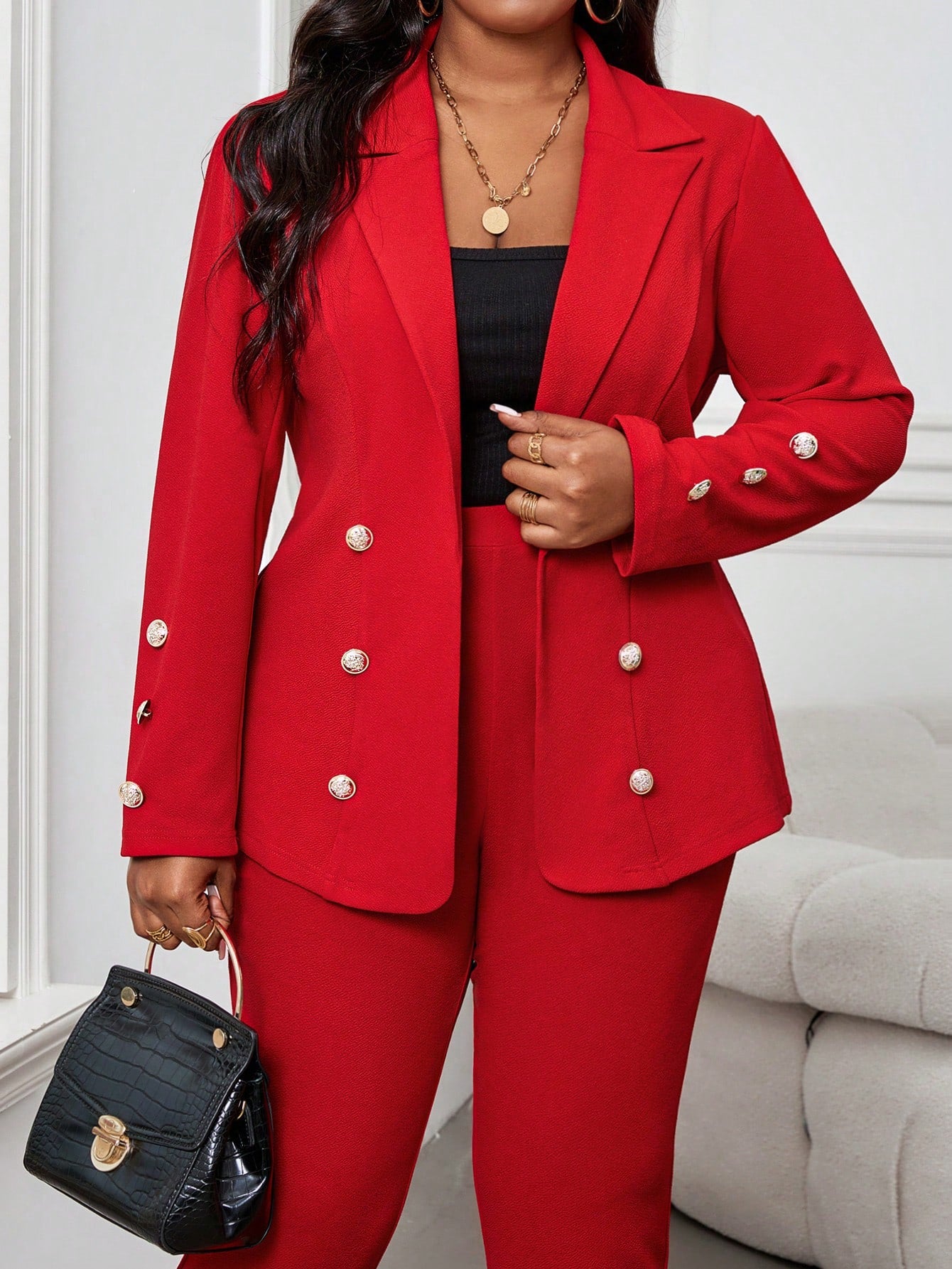 Lady Autumn And Winter Elegant Red Knitted Lapel Button Long Sleeve Plus Size Faux Fur Coats