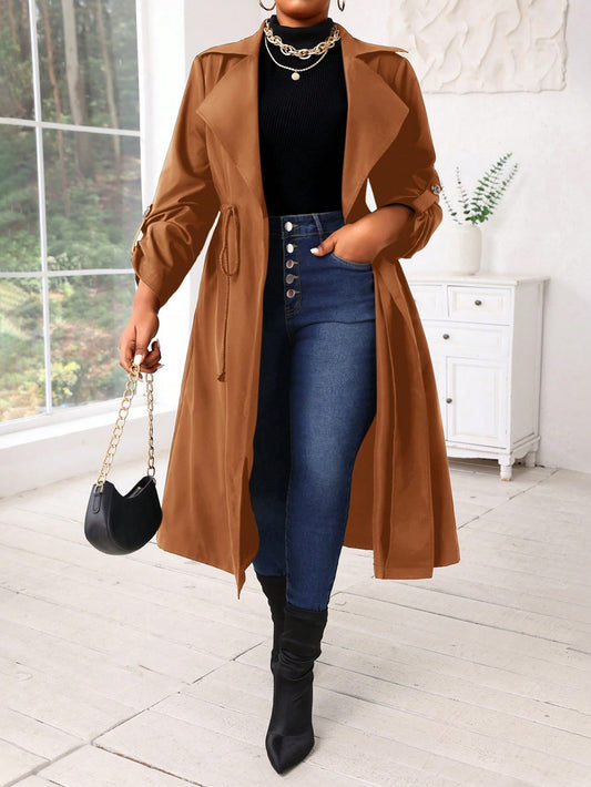 Lady Autumn And Winter Casual Black Woven Waterfall Button Front Midi  Plus Size Trench Coats Women Coats Going Out Outfits