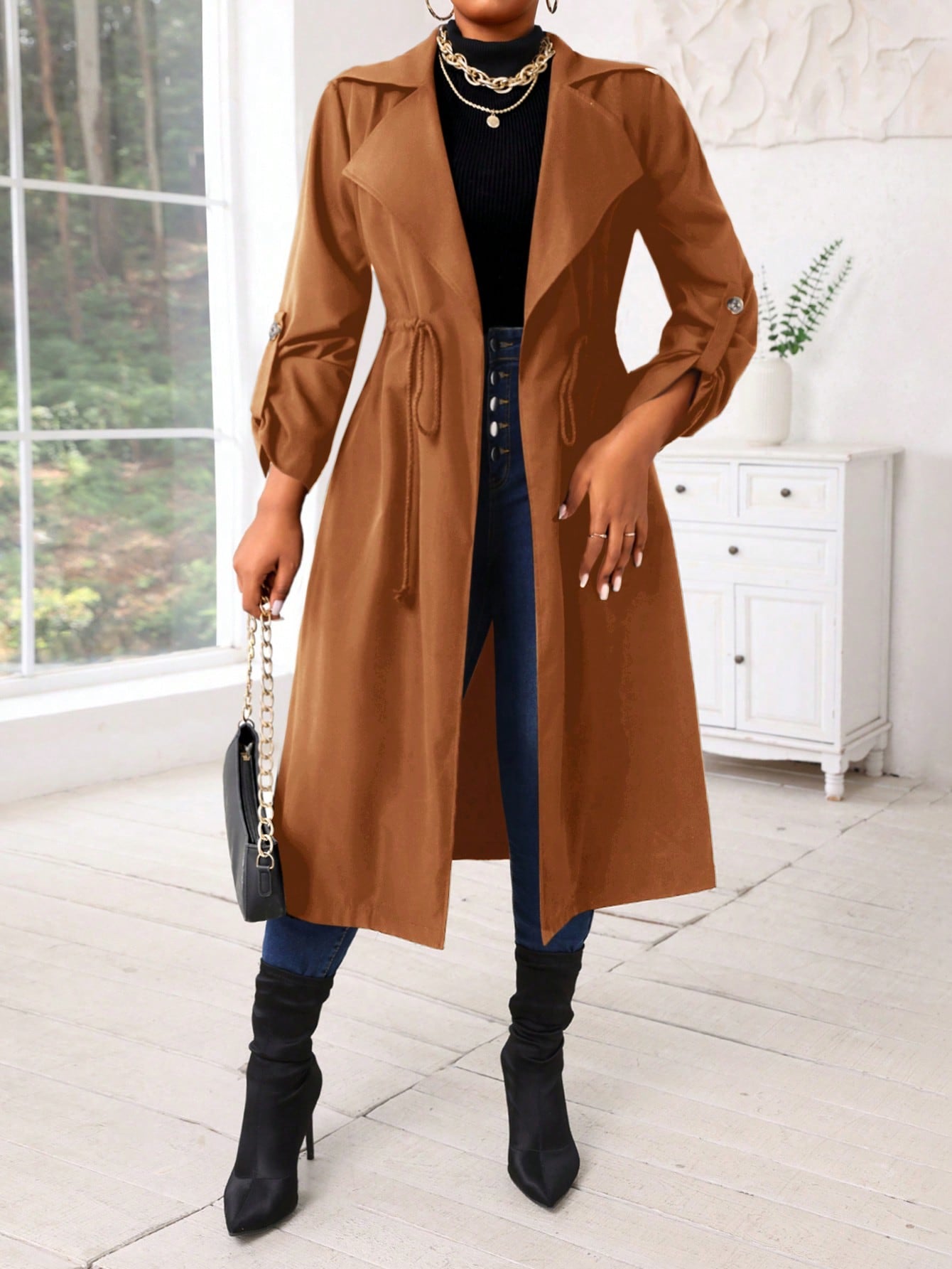 Lady Autumn And Winter Casual Black Woven Waterfall Button Front Midi  Plus Size Trench Coats Women Coats Going Out Outfits