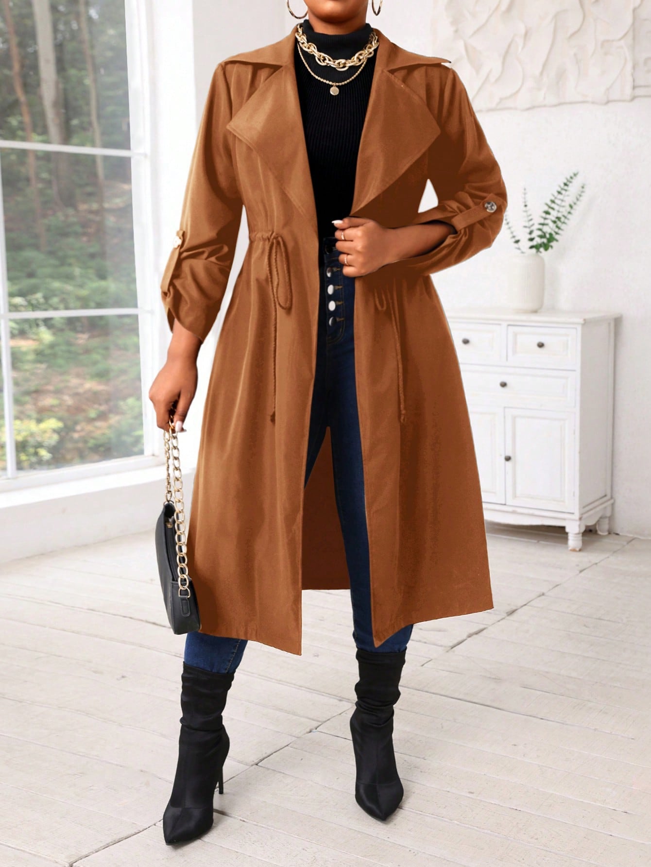 Lady Autumn And Winter Casual Black Woven Waterfall Button Front Midi  Plus Size Trench Coats Women Coats Going Out Outfits