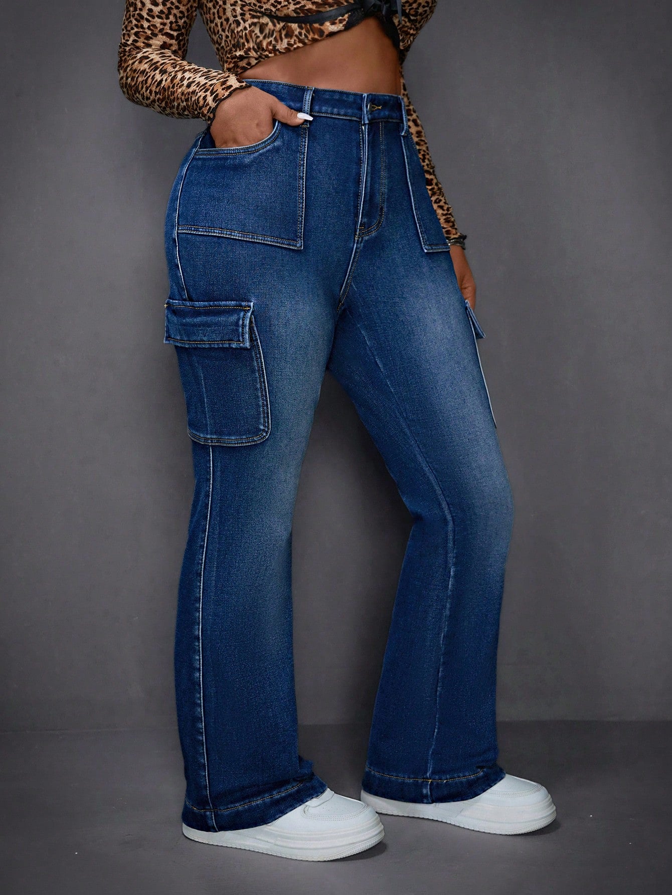 ICON Blue Plus Size Jeans Workwear Bell Bottoms Plus Velvet Lined For Added Warmth Thermal Denim