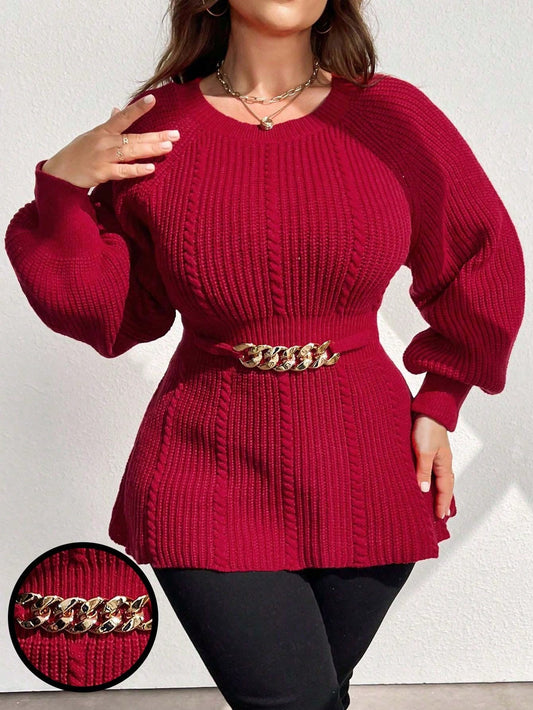 Privé Plus Size Solid Color Simplistic Long Sleeve Gold Chain Decorated Pullover Sweater