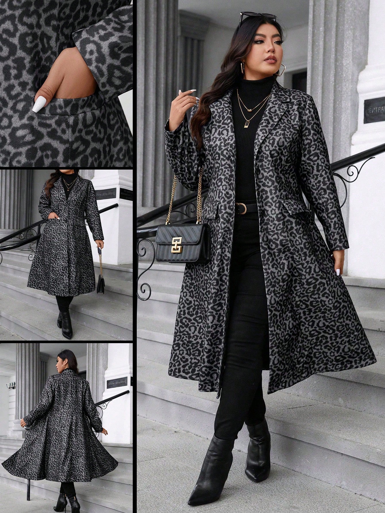 Essnce Plus Size Women's Leopard Print Long Sleeve Casual Long Cardigan Coat, Fall/Winter