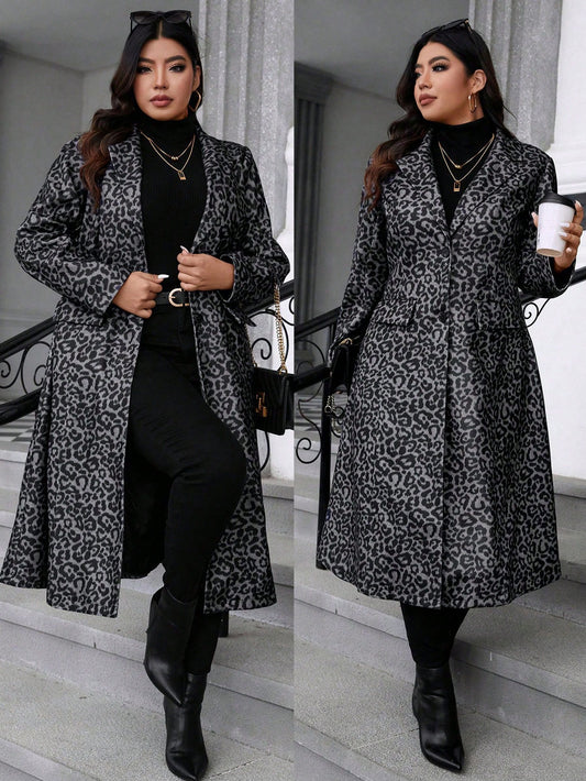 Essnce Plus Size Women's Leopard Print Long Sleeve Casual Long Cardigan Coat, Fall/Winter