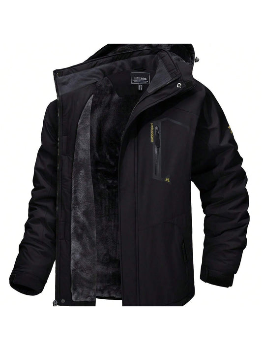 Men's Winter Jacket, Polyester Fabric, Windproof And Waterproof, Fleece Lining, Detachable Cap, Adjustable Cuffs, Multi-Functional Pocket Design, Placket Zipper, Suitable For Outdoor Mountaineering And Hiking Ski Jacket, Winter Warm Overalls