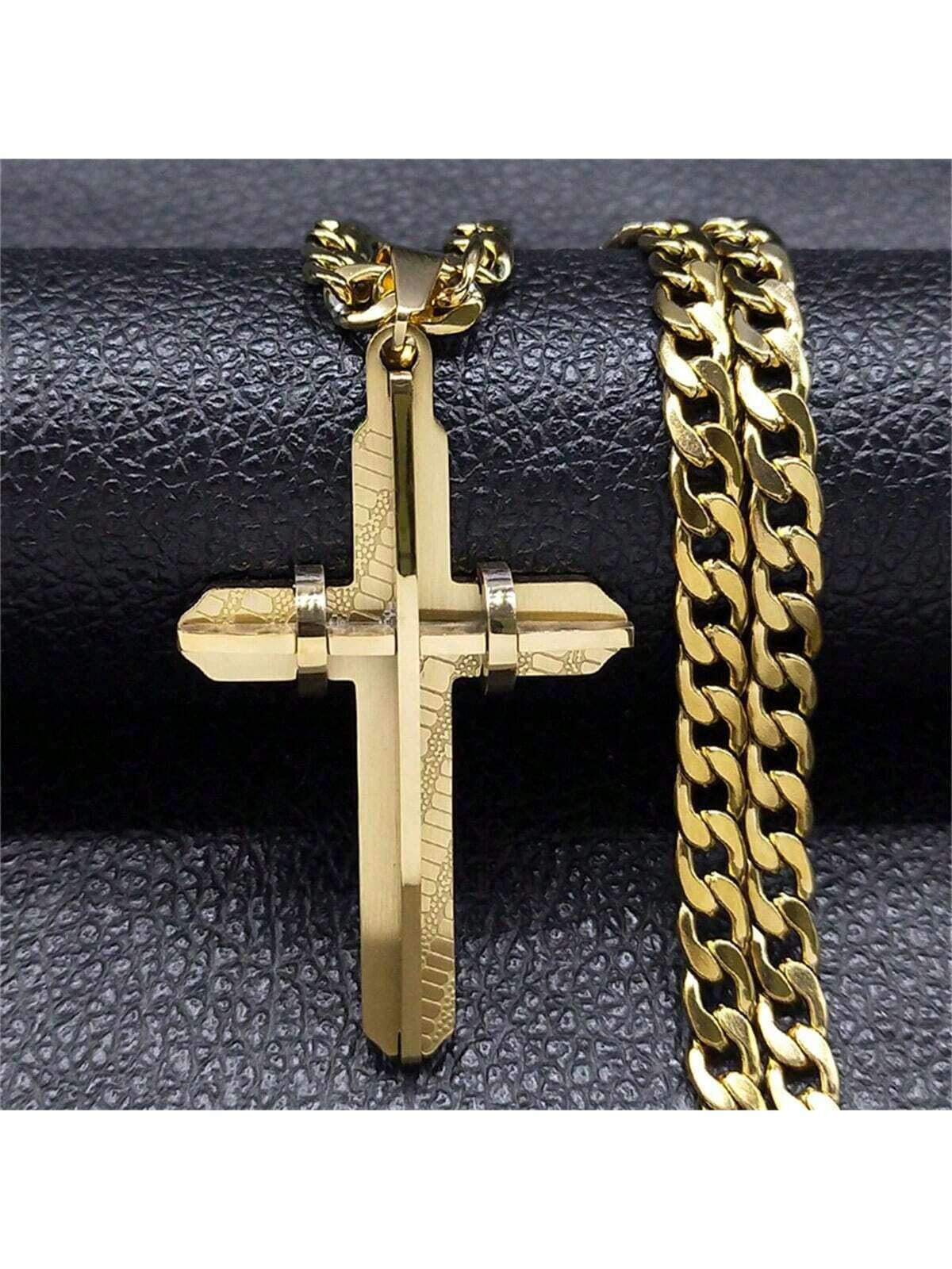 1pc Gold Stainless Steel Cross Pendant Necklace, Suitable For Men Daily Wear