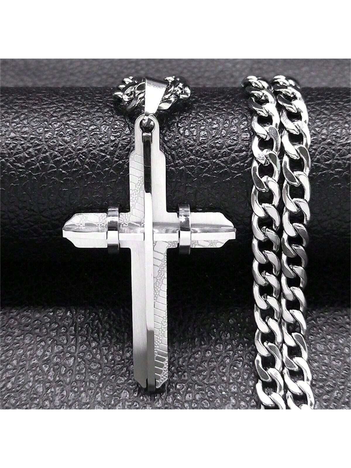 1pc Gold Stainless Steel Cross Pendant Necklace, Suitable For Men Daily Wear