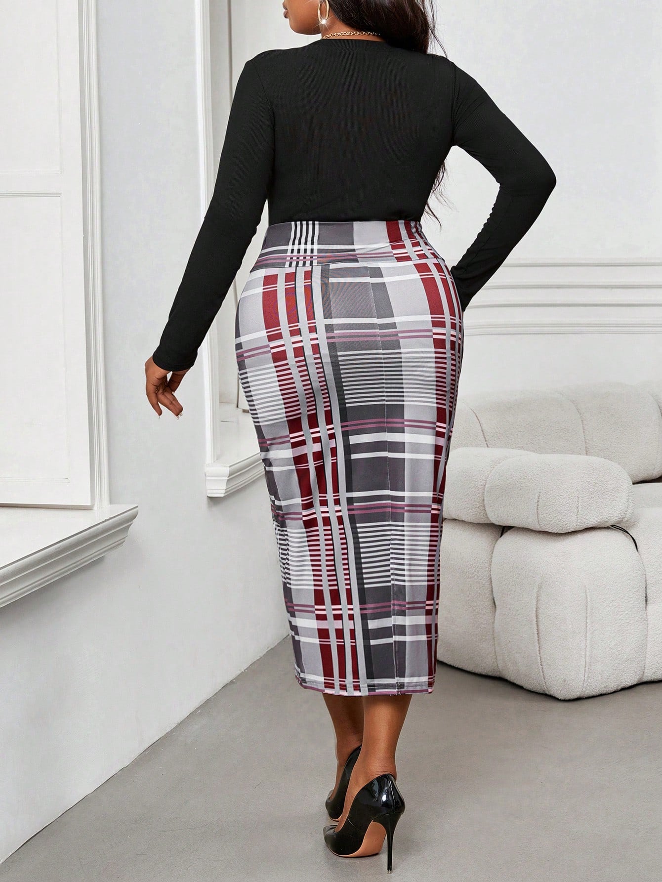 Lady Autumn And Winter Elegant Work Office Colorful Plaid Knitted Split Midi Plus Size Skirts Thanksgiving Women Outfit Fall Clothes Fall Clothes Curve Elegant Women Dresses Burgundy Skirt Fall Women Outfits Women Skirts