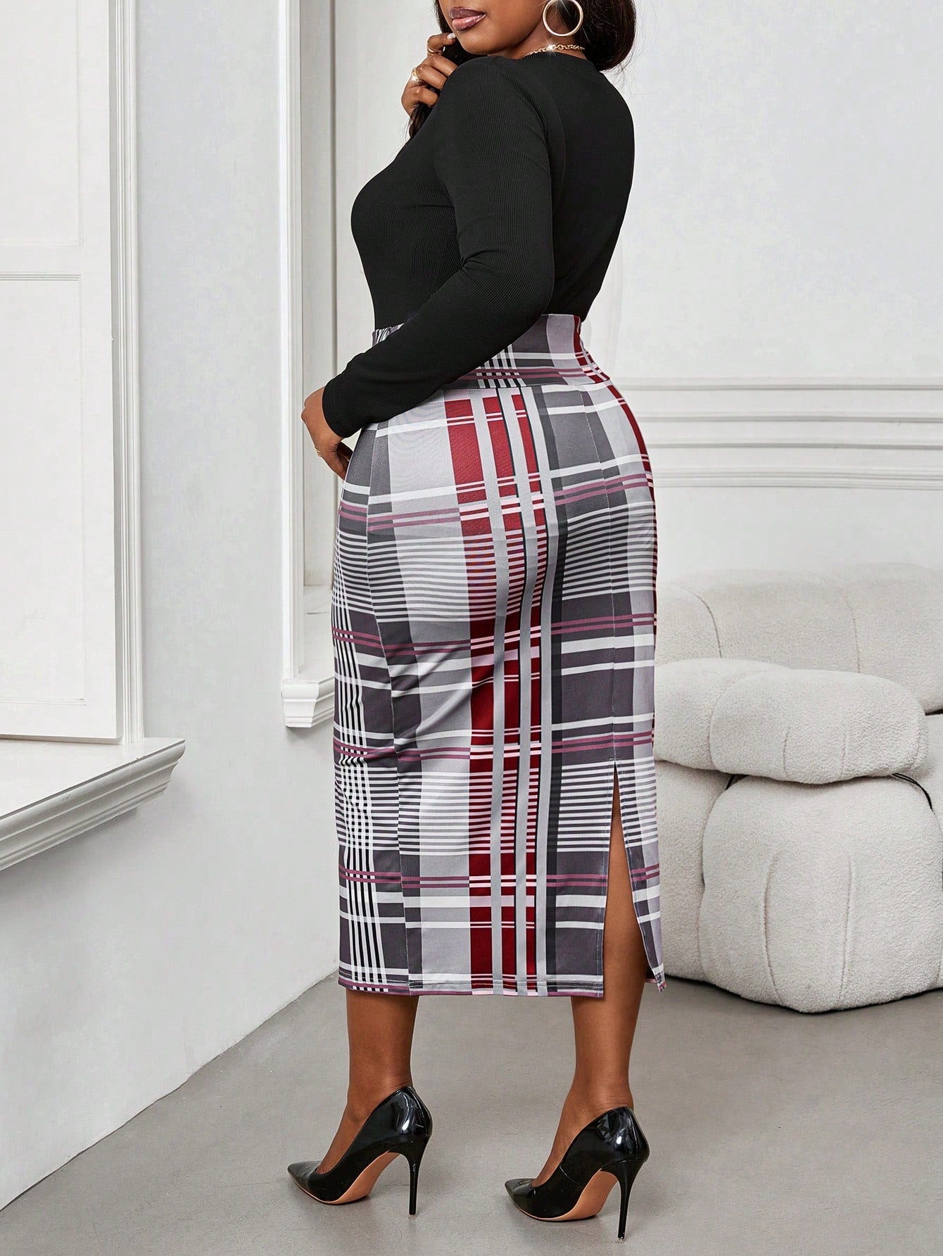 Lady Autumn And Winter Elegant Work Office Colorful Plaid Knitted Split Midi Plus Size Skirts Thanksgiving Women Outfit Fall Clothes Fall Clothes Curve Elegant Women Dresses Burgundy Skirt Fall Women Outfits Women Skirts