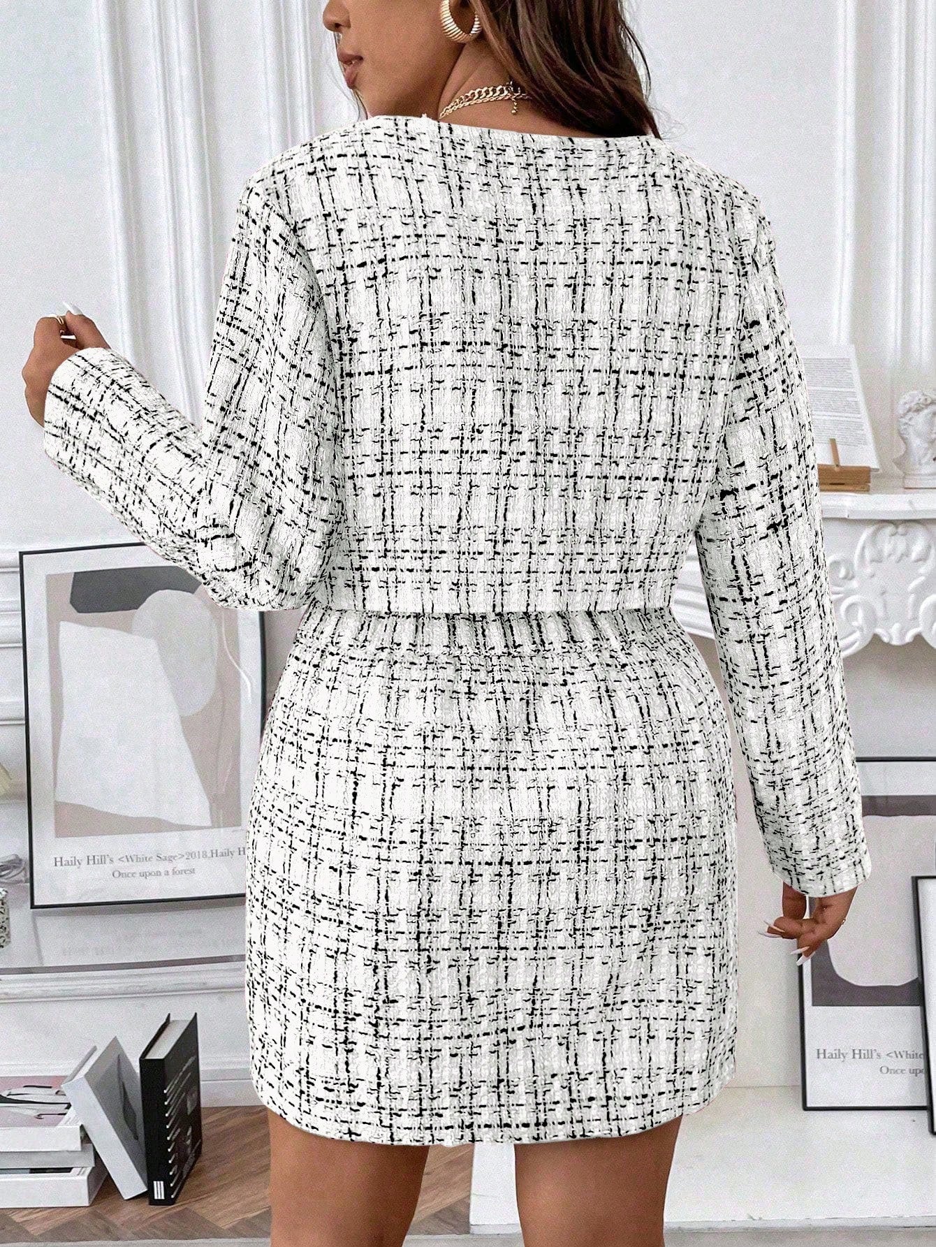 Privé Plus Size Plaid Print Front Button Long Sleeve Jacket And Mini Skirt Two Piece Set, Elegant