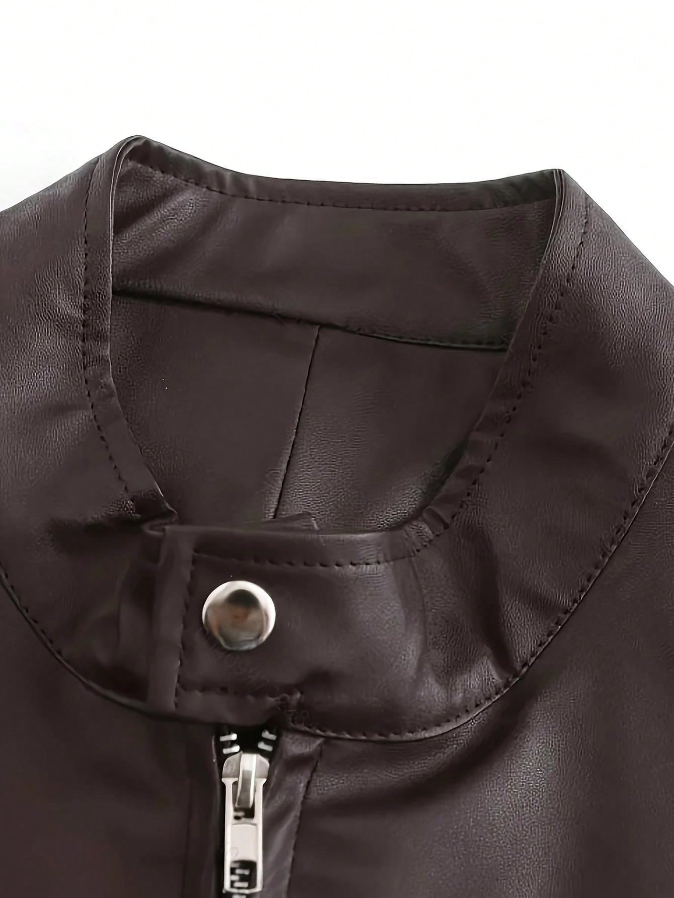 Men's Solid Color PU Jacket Zipper Fashion Leather Jacket